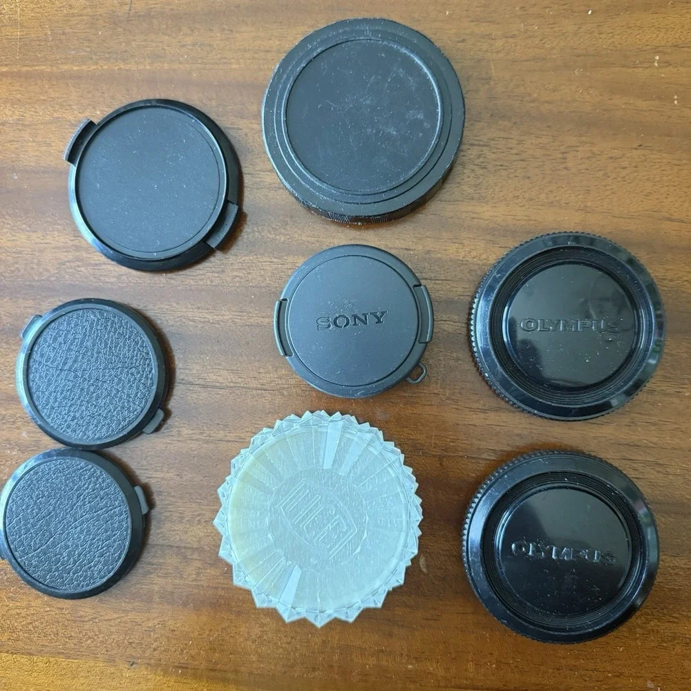 Vintage Camera Lens Cap & Accessory Lot 8pc Olympus Sony Tiffen 49mm 55mm 61mm
